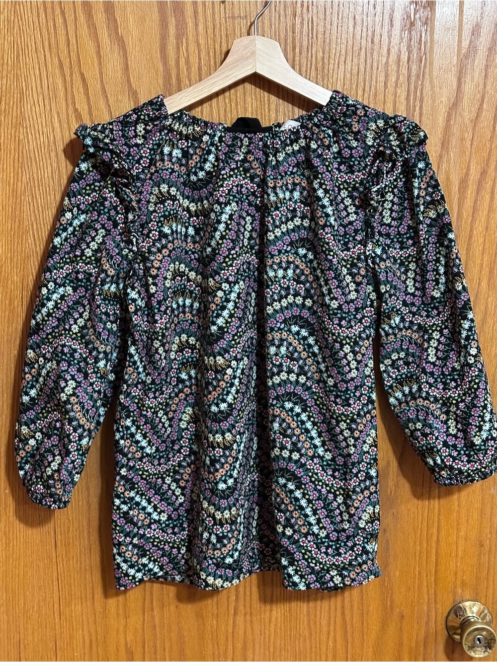 LOFT Black Floral Peasant Blouse with Pink, Green & Peach Accents sz small